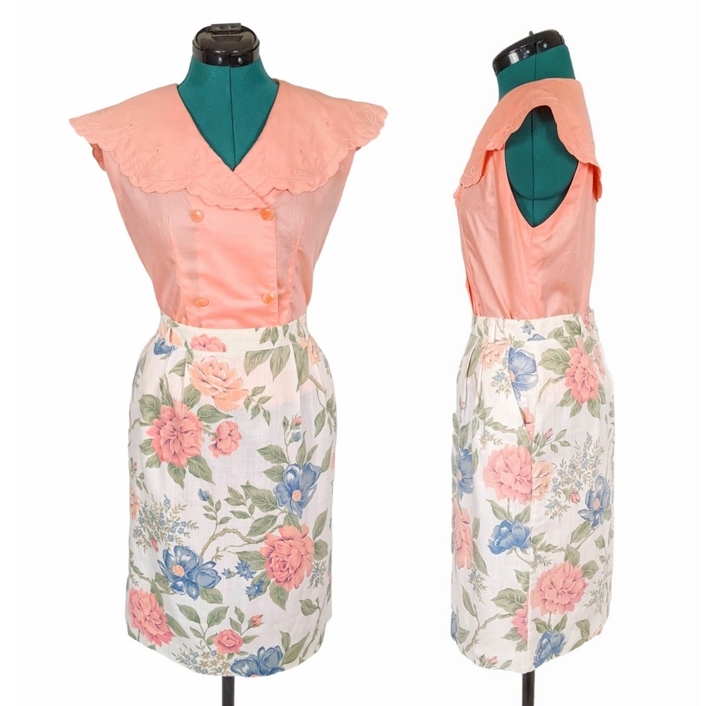 1980s Embroidered Cape Blouse Shirt & Floral Linen Skirt Set Jaclyn Smith Pink - Picture 10 of 10